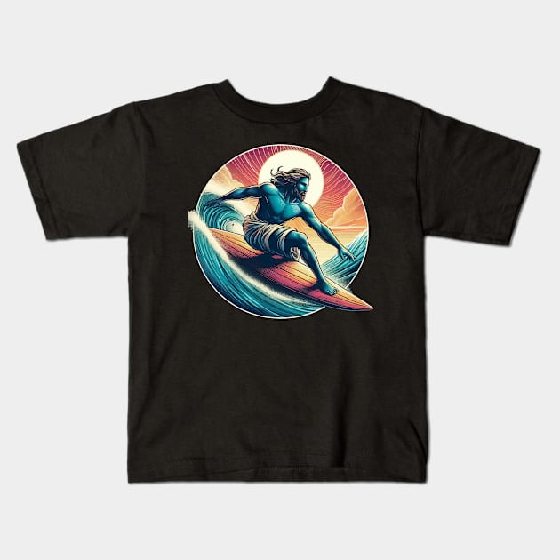 Retro Jesus Christ On Surfboard Kids T-Shirt by TomFrontierArt